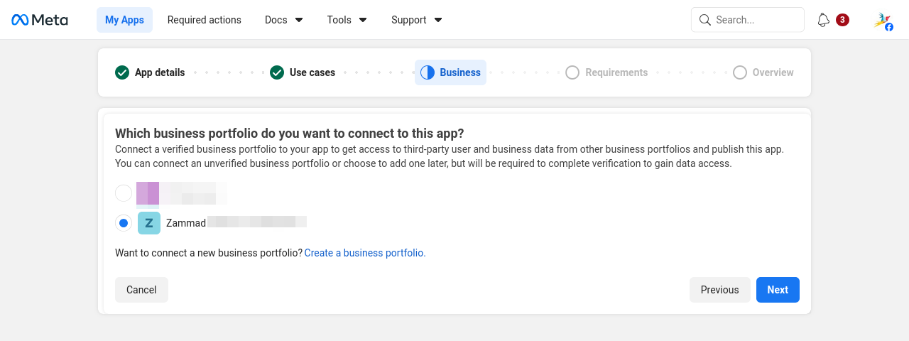 Meta app creation step 3