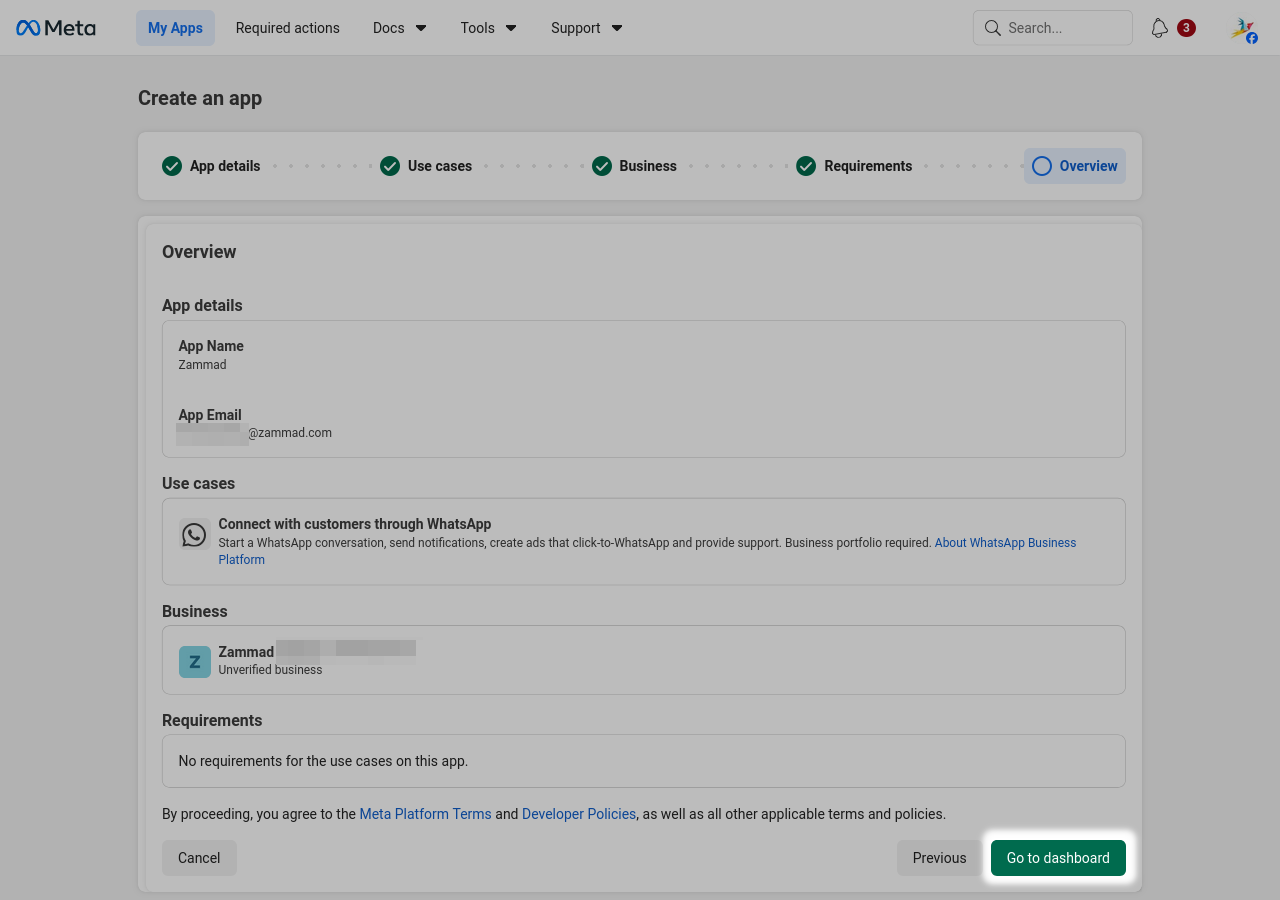 Meta app creation step 5