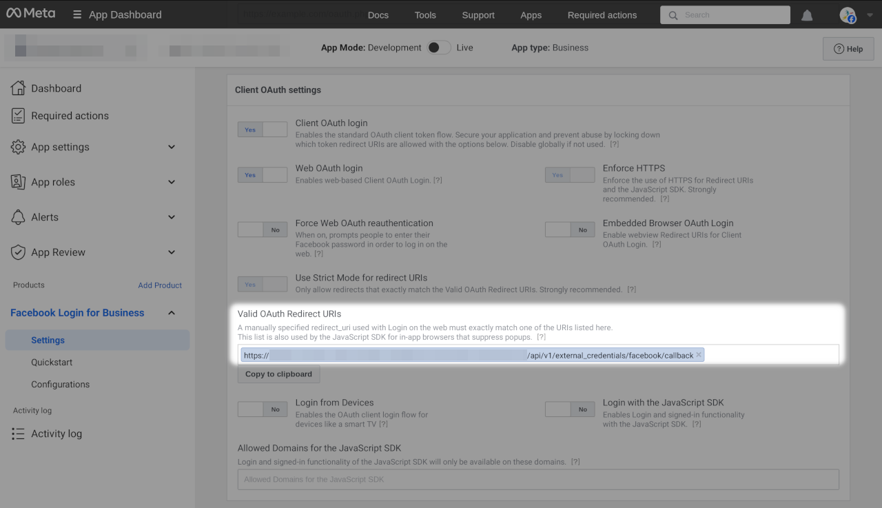 Screenshot of app settings with highlighted "OAuth Redirect URIs"