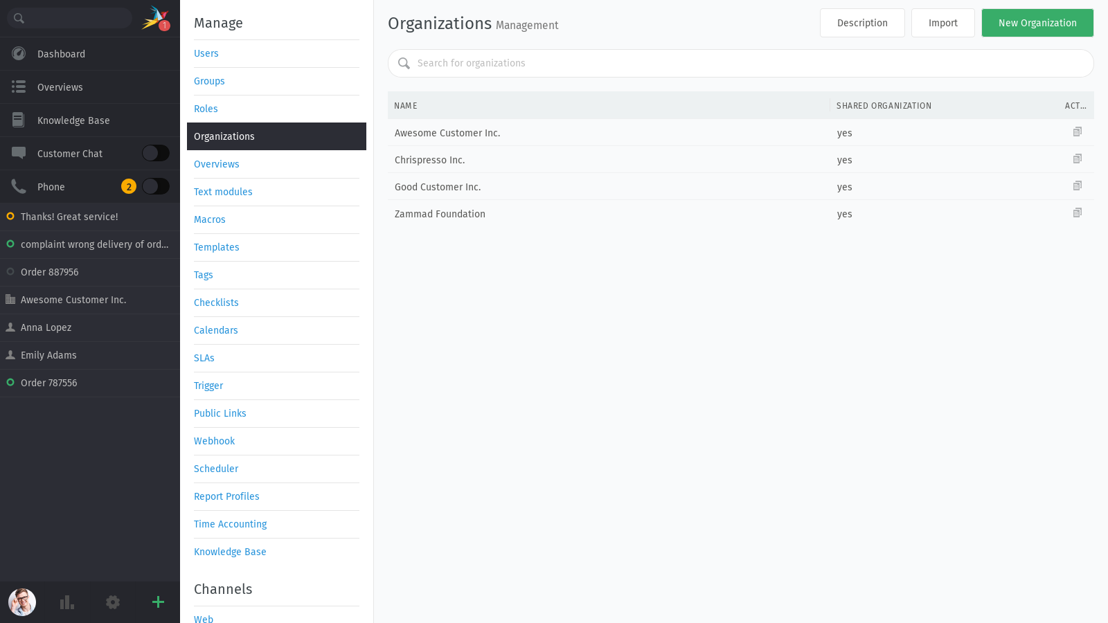Screenshot shows the organization overview in the admin settings.