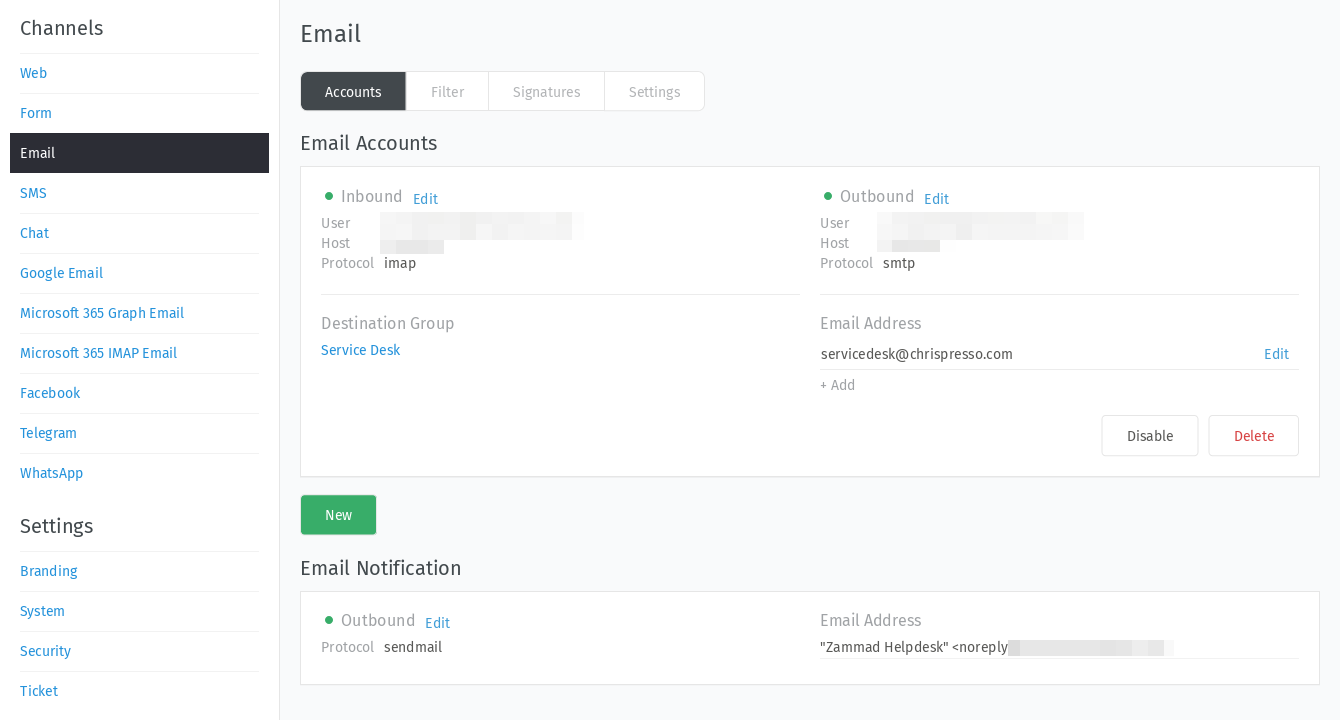 Email settings panel