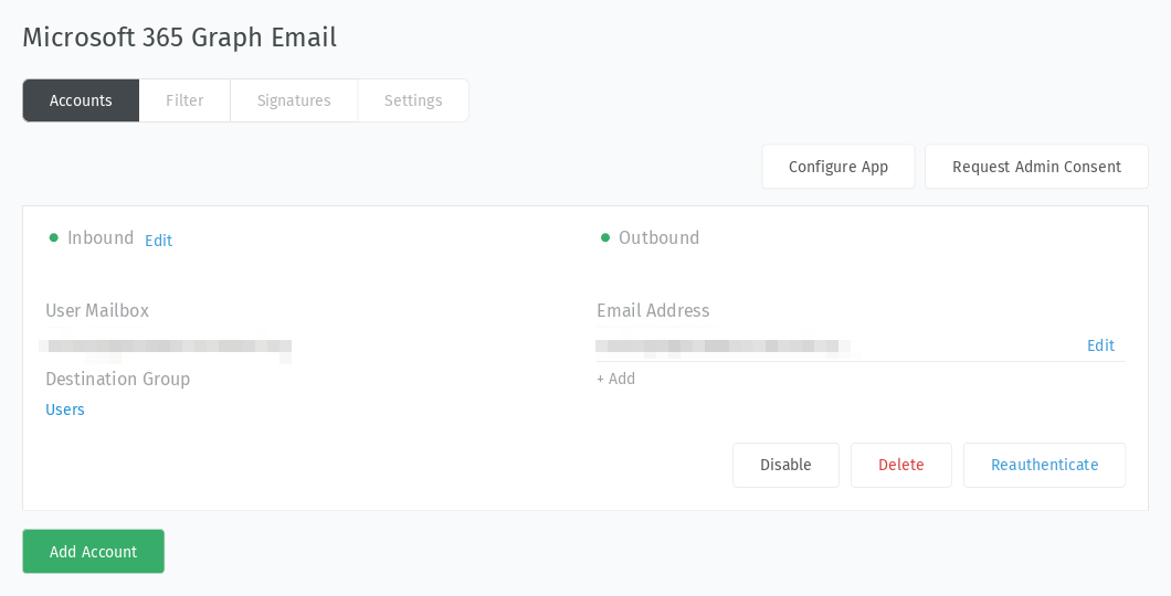 Email settings panel