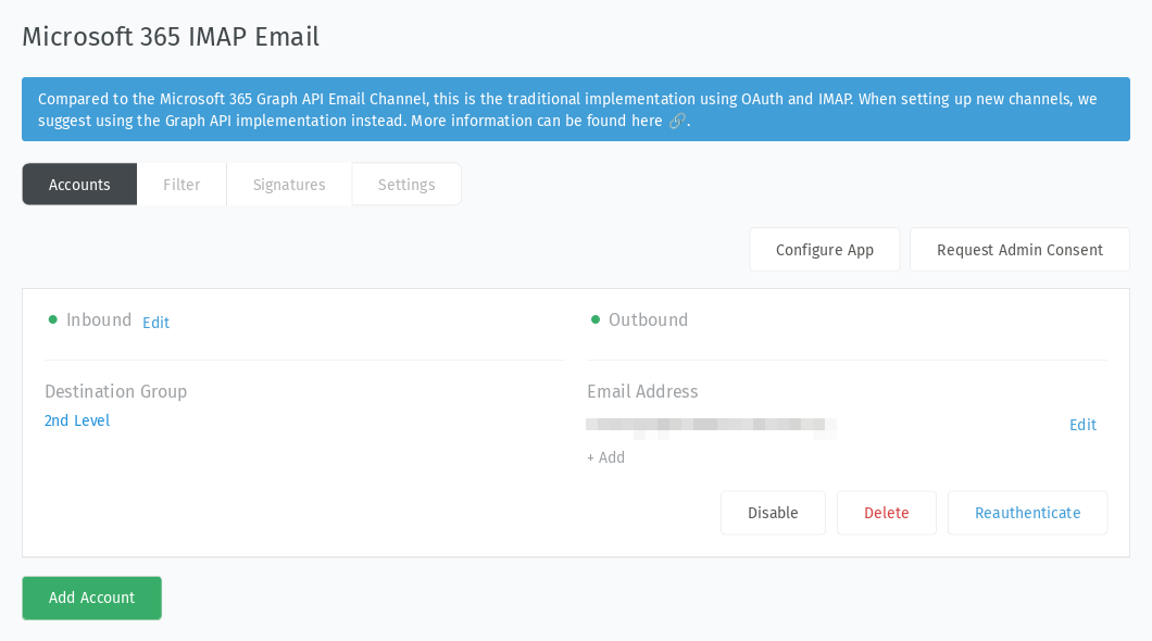 Email settings panel