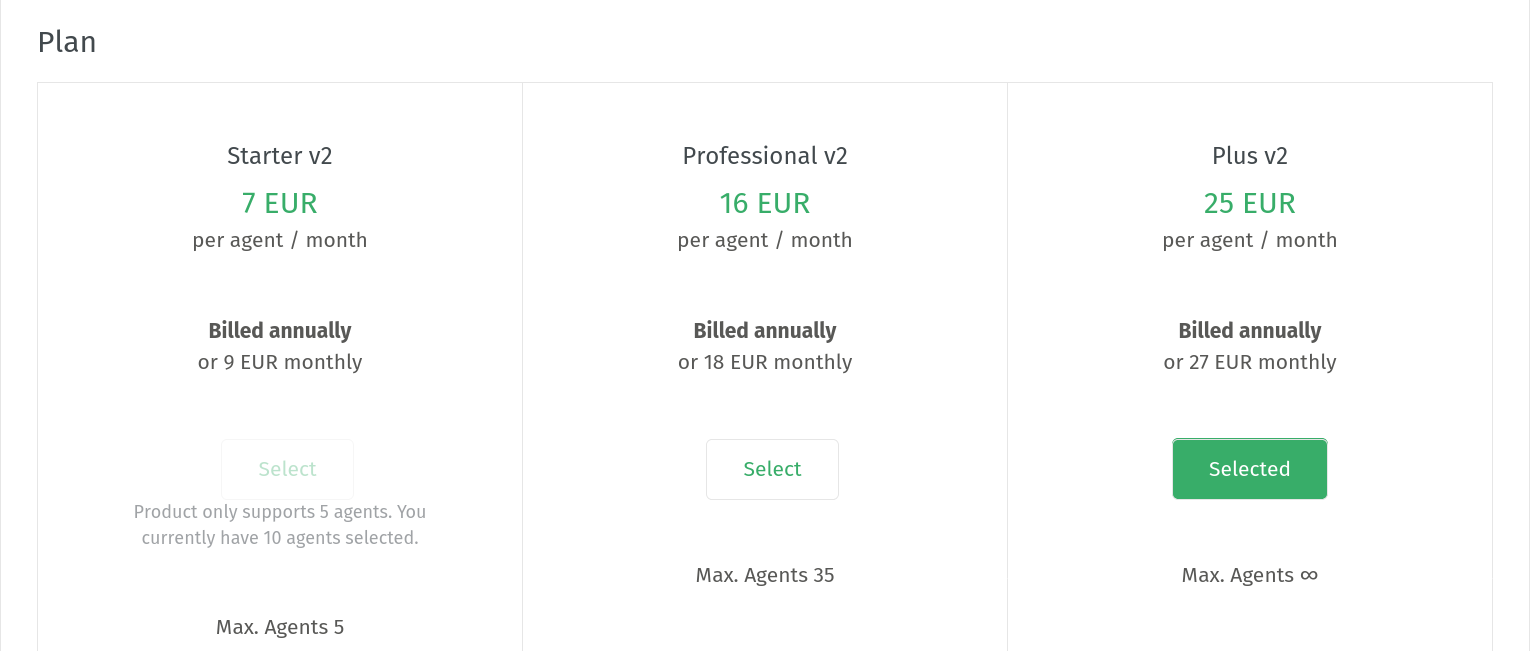 Screenshot showing three available packages for a hosted Zammad instance