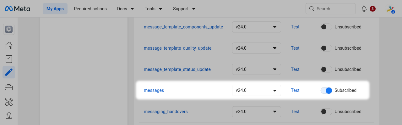 Select "message" as webhook field