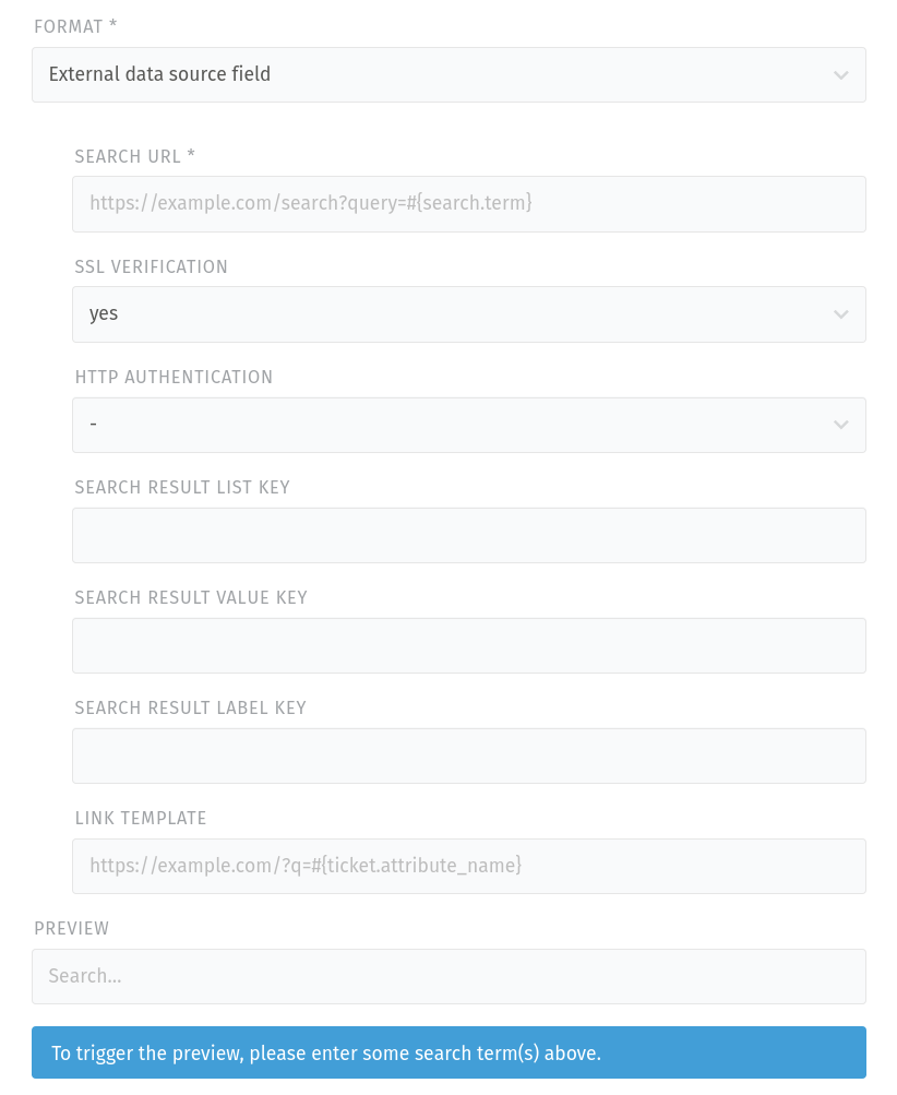 Available settings for external data source fields