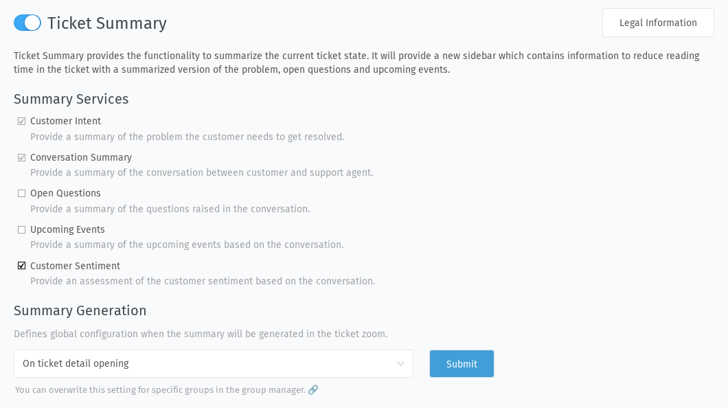 Screenshot shows AI ticket summary configuration