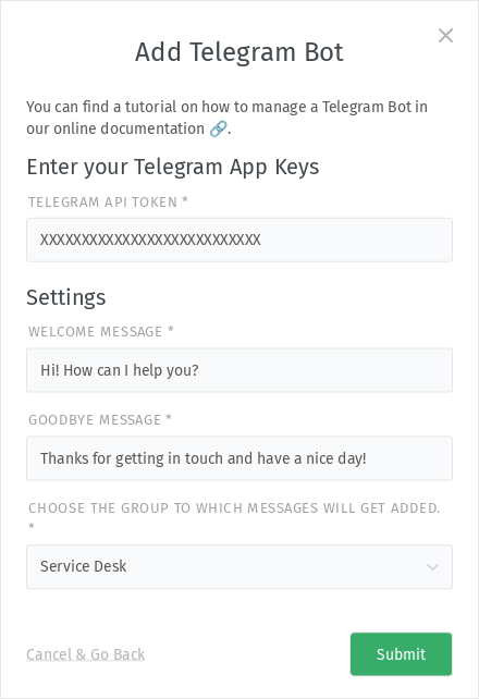 Screenshot shows Zammad's Telegram configuration dialog