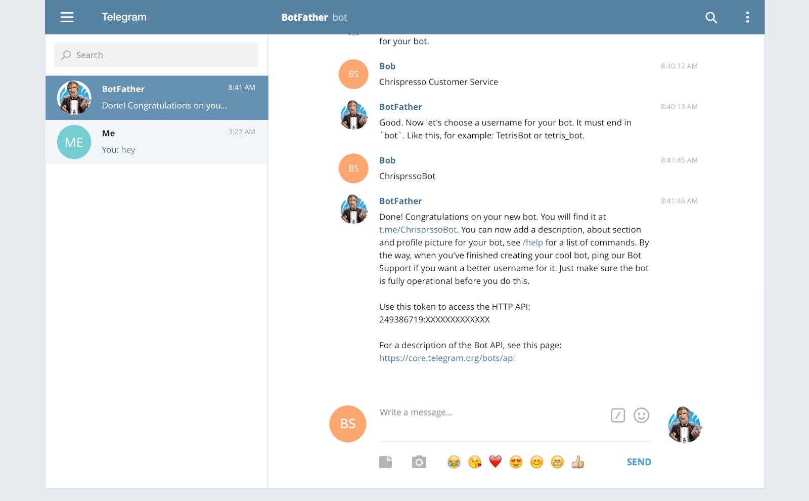 Screenshot shows BotFather chat after creating the bot