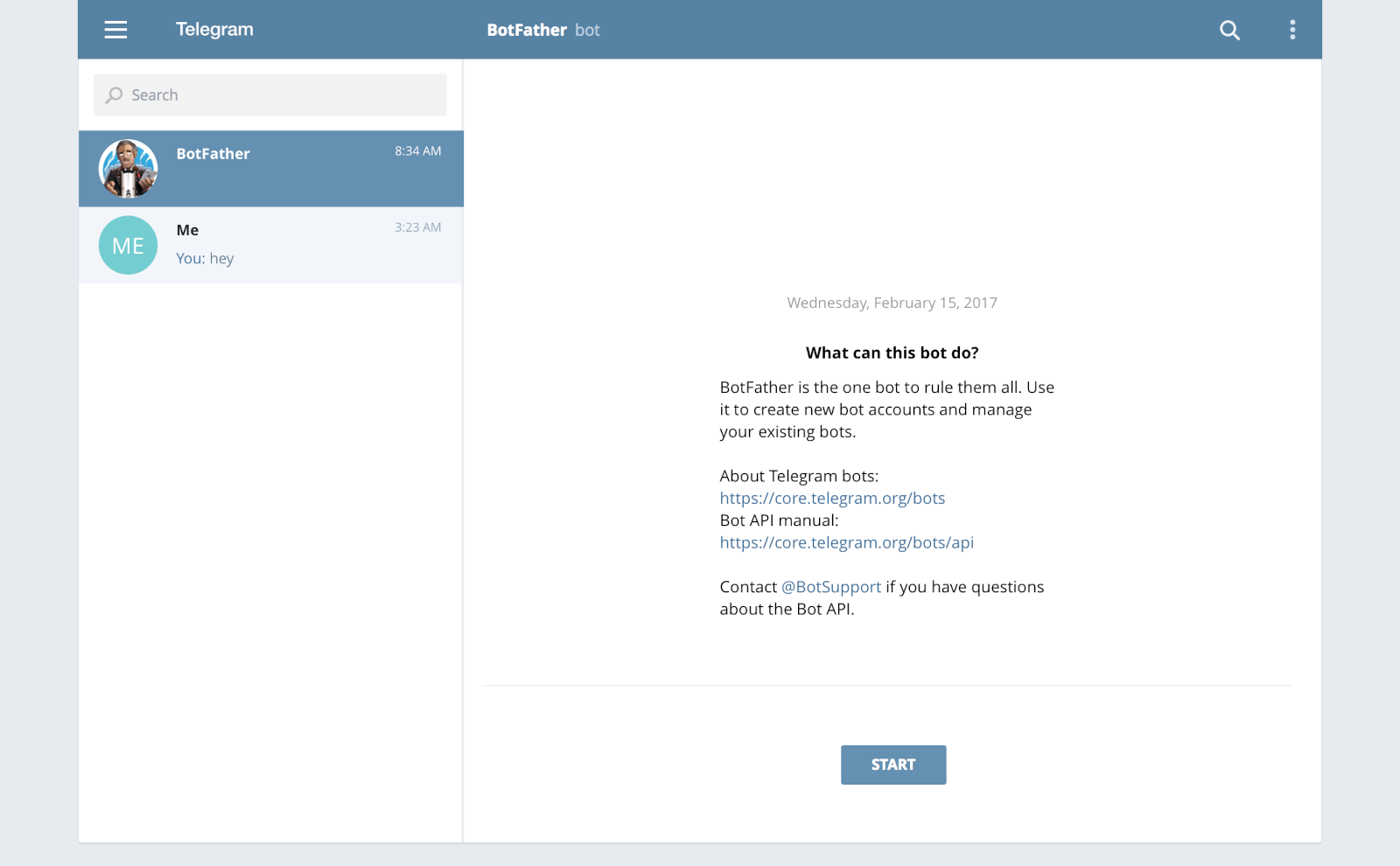 Screenshot shows initial BotFather chat in Telegram