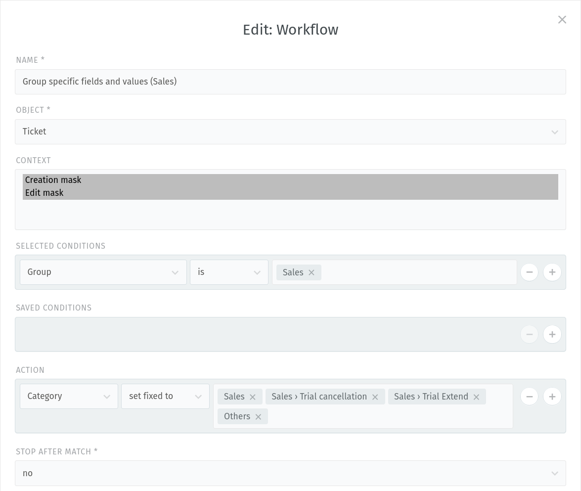 Sample workflow that shows specific values and fields for sales