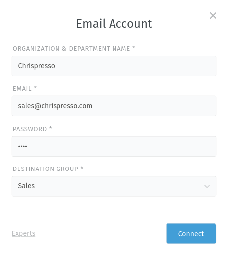Screenshot showing basic email account setup inbound