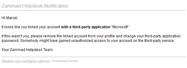 Screenshot showing sample notification mail after initial third-party linking