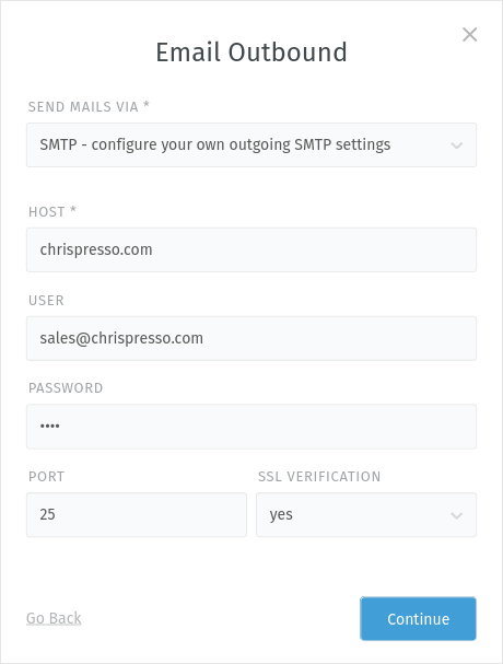 Screenshot showing email setup outbound