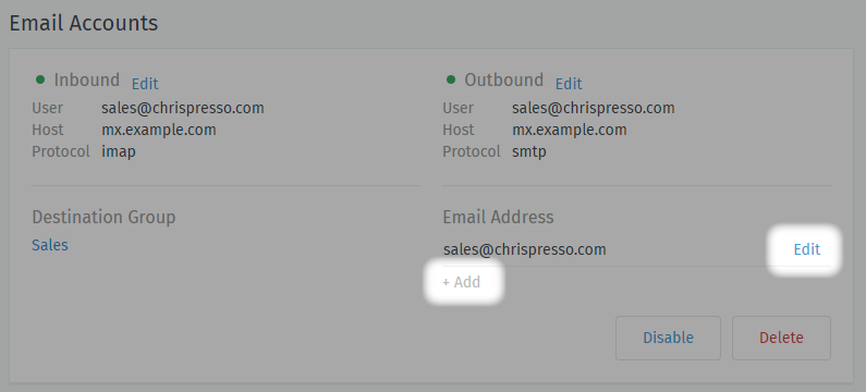 Location of email address add/edit buttons
