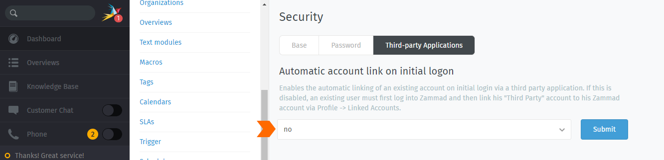 Screenshot highlighting the "Automatic account link on initial logon" setting