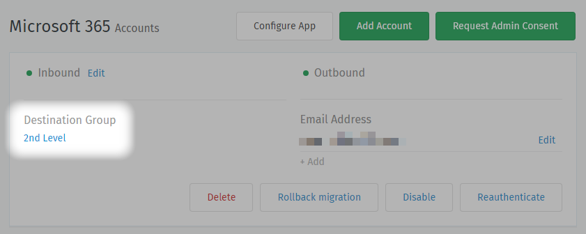 Location of "Destination Group" setting for existing accounts