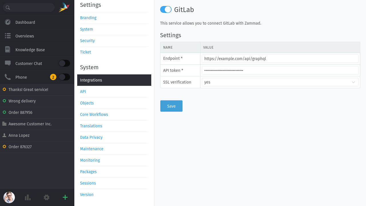 Screencast showing how to configure Zammad's GitLab integration