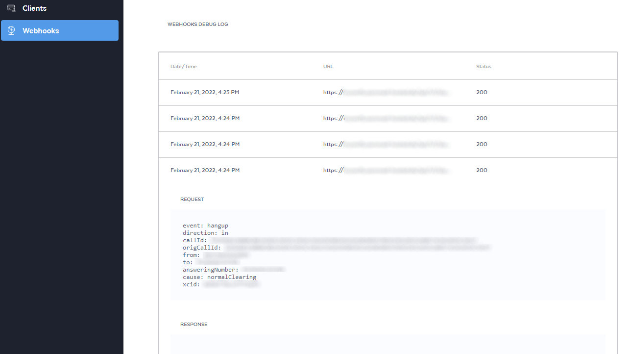 Screenshot showing sample log entries for Sipgates webhook calls to Zammad