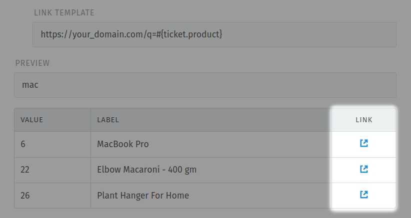 Preview of product table based on search term
