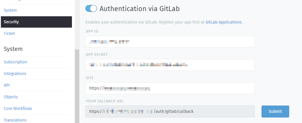Gitlab config in Zammad admin interface