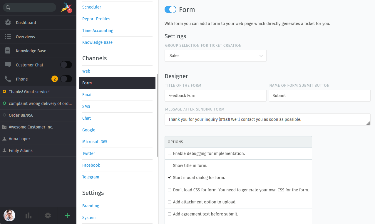 Zammad form management page