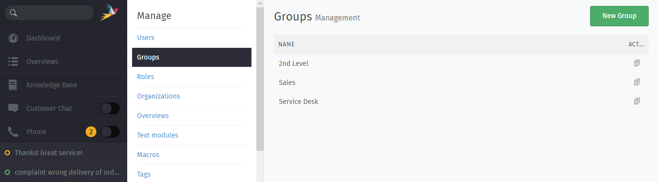 Screenshot showing Zammads group management