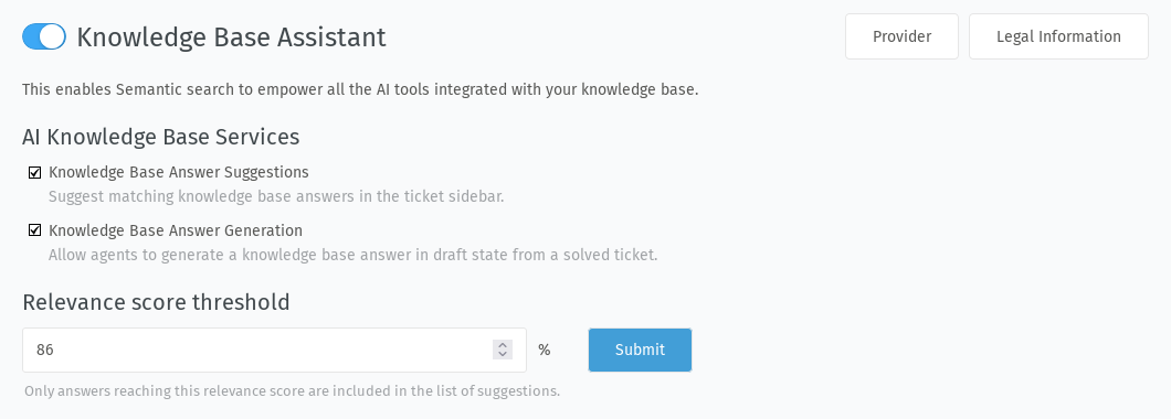 Screenshot shows the Knowledge Base Assistant configuration screen