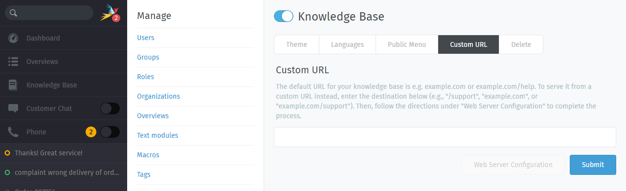 Knowledge Base: Configure custom URL