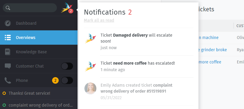 Screenshot showing two notifications: One upcoming escalation and one escalated ticket