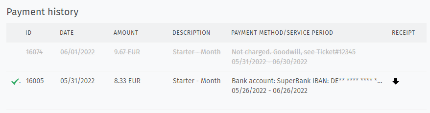 Screenshot showing payment history of a hosted instance