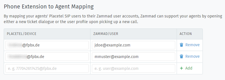 Screenshot showing sample user mappings in between Placetel and Zammad
