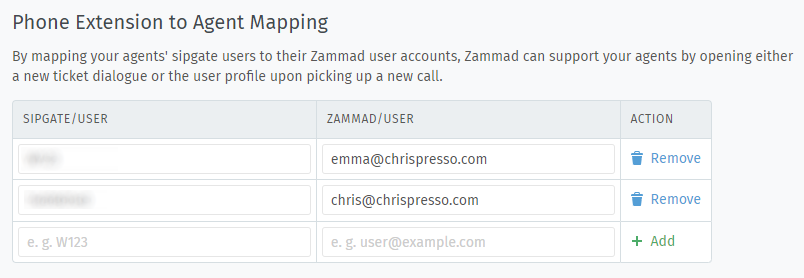 Screenshot showing sample user mappings in between Sipgate and Zammad