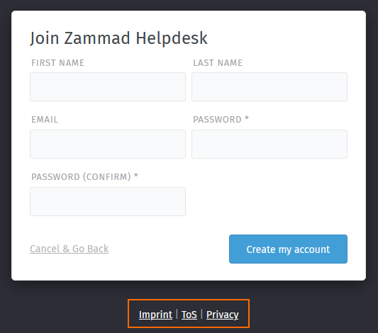 Screenshot showing Zammad's signup page with custom public links
