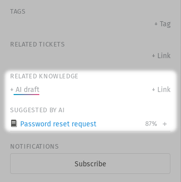 Screenshot shows "Related knowledge" section in the ticket sidebar