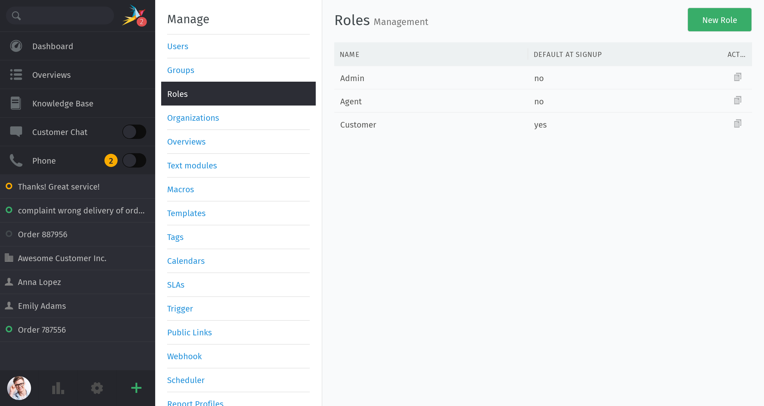 Role overview within Zammad's admin settings.