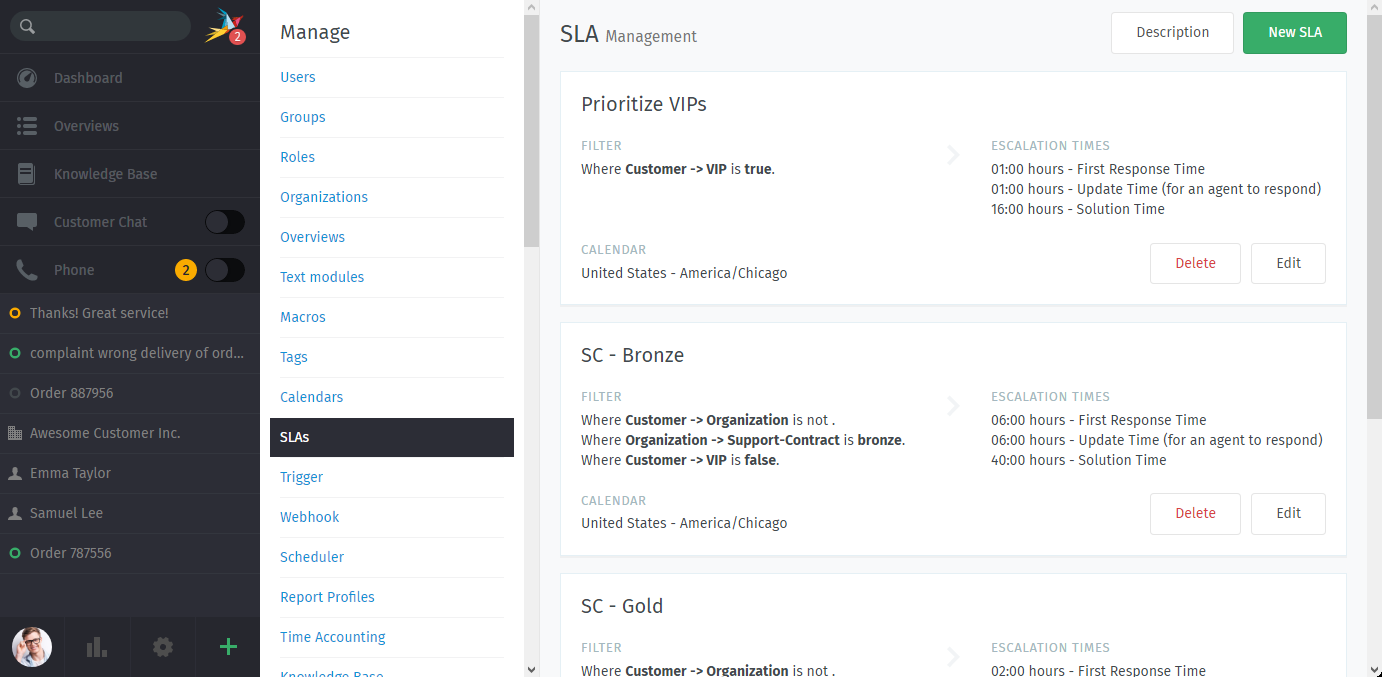 Screenshot showing SLA management with configured SLA levels