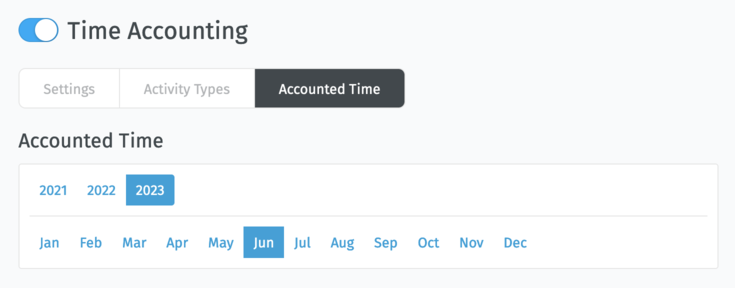 Screenshot showing a selection for year and month on time accounting