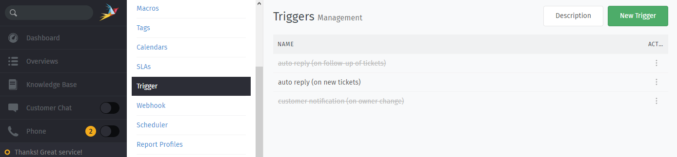 Screenshot of “Triggers” page in admin panel
