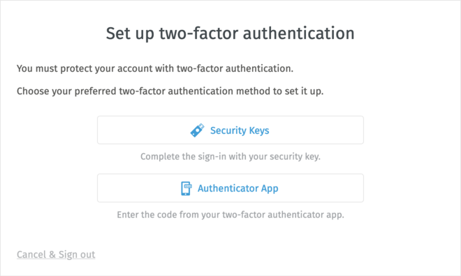 Modal Dialog for Enforcing Two-Factor Authentication Set Up