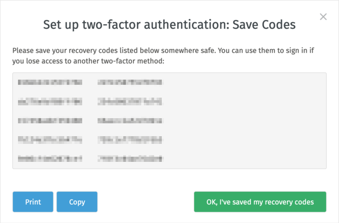 Recovery Codes Generation Modal Dialog