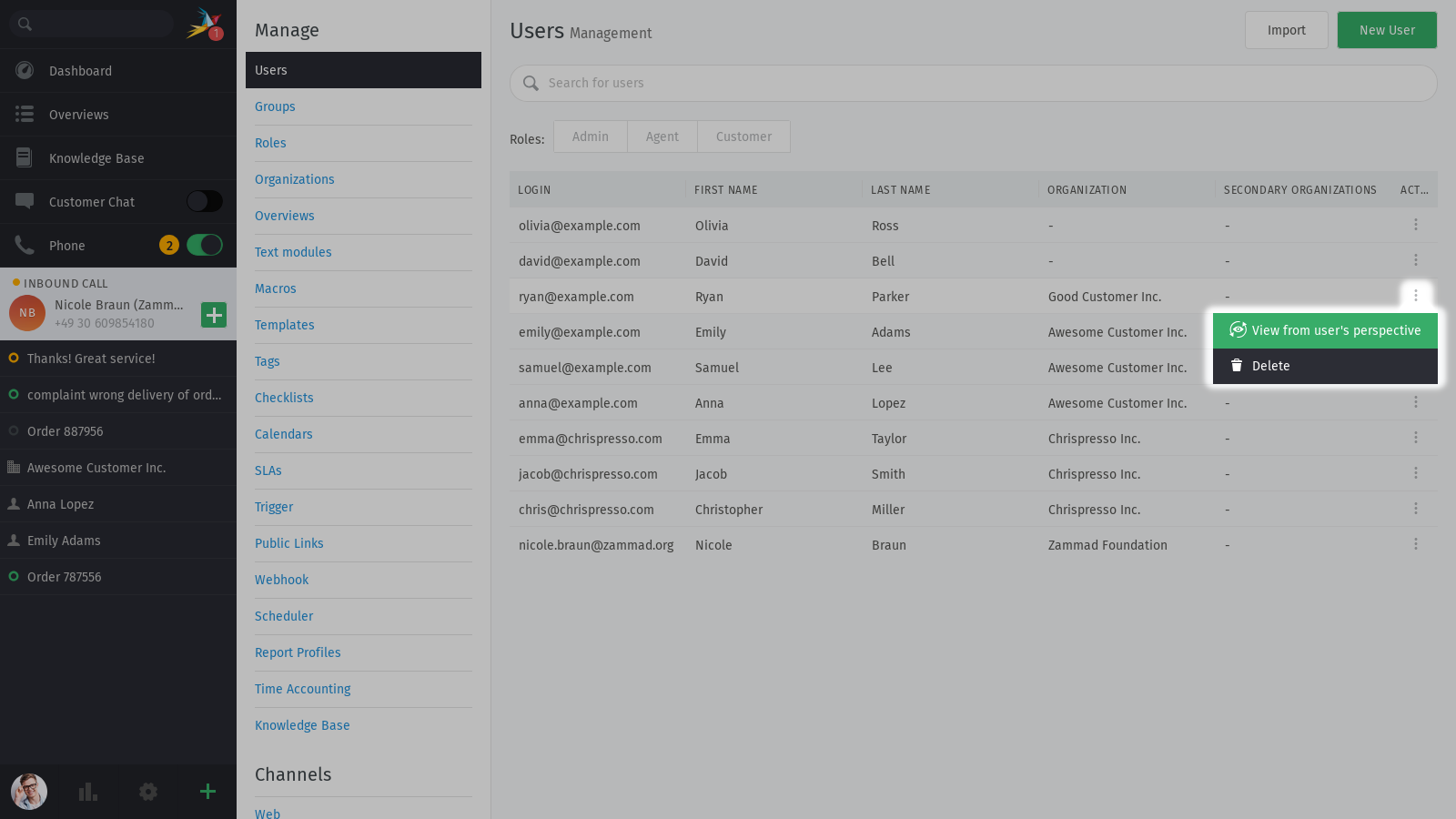 Screenshot shows menu with "View from user's perspective" option.