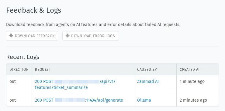 Screenshot shows the Feedback & Logs page for the AI features