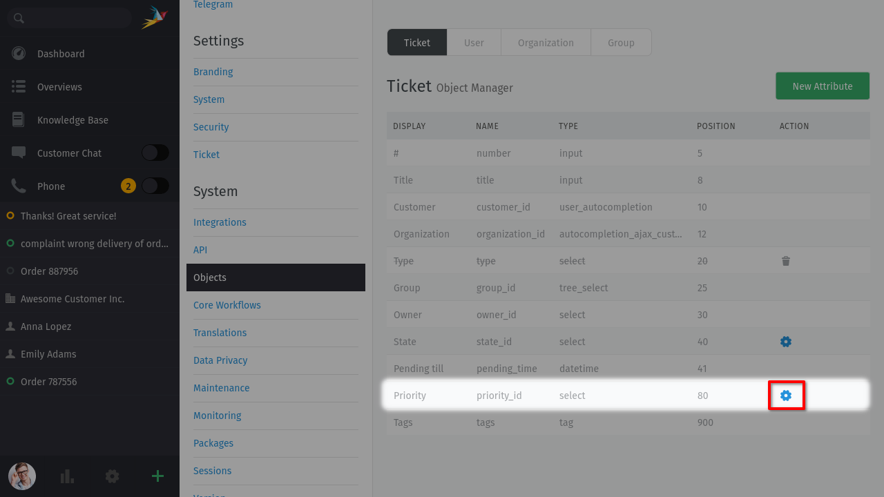 Screenshot showing highlighted ticket priority attribute