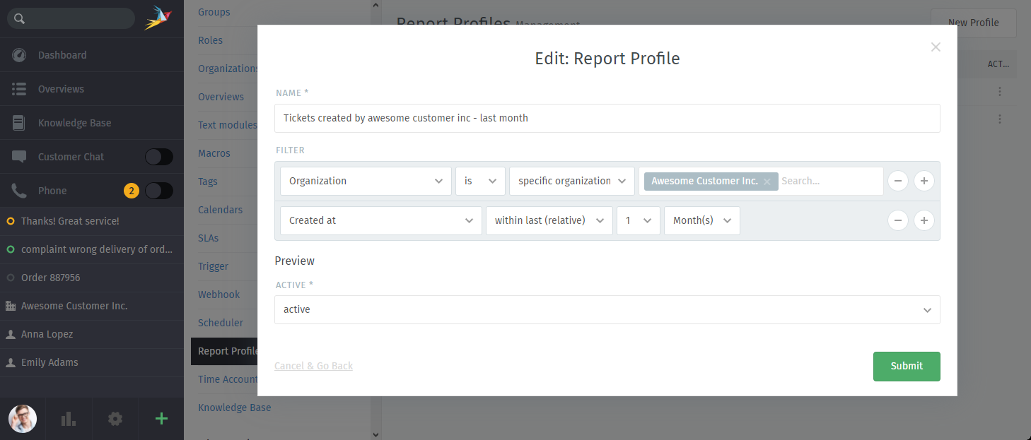 Screenshot shows creation of report profile