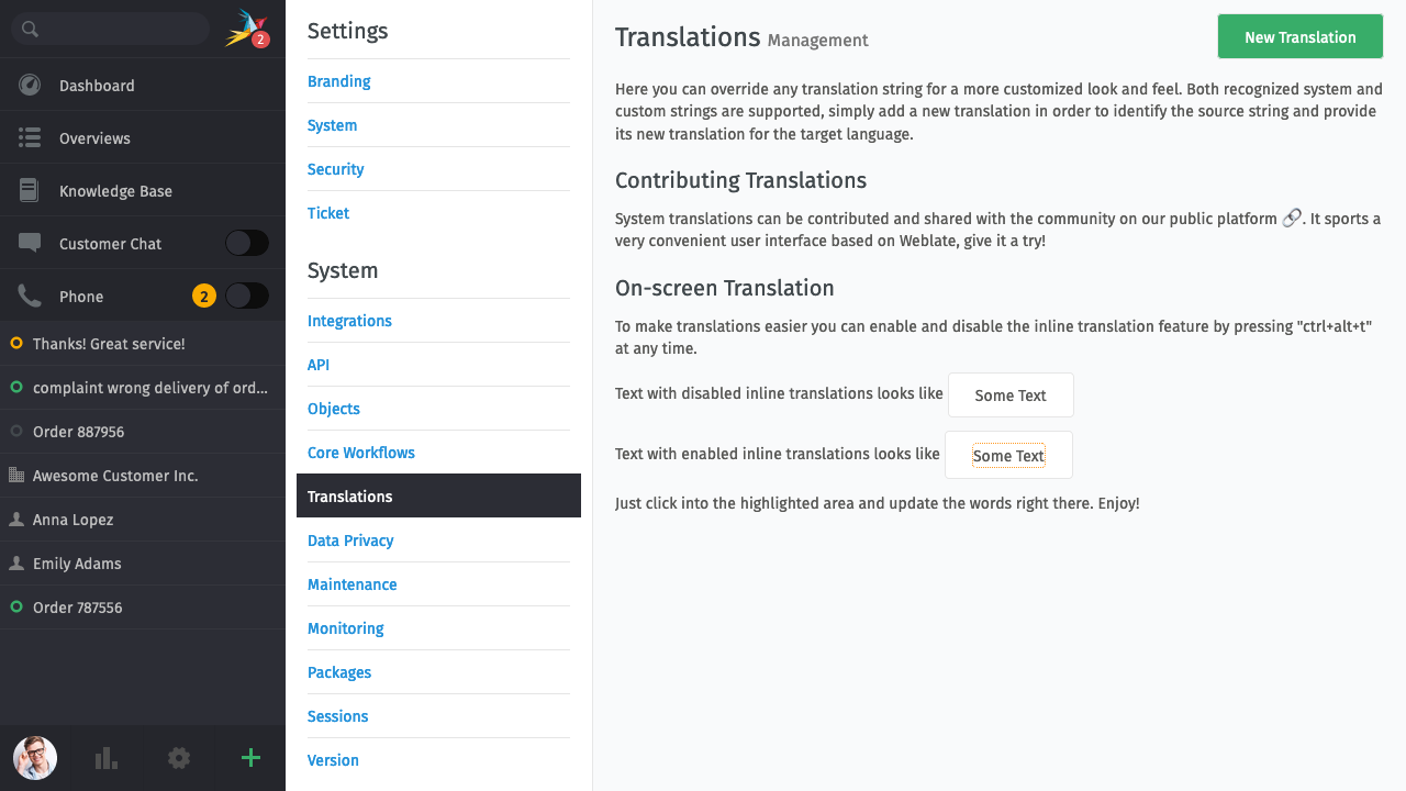Translation management screen within the admin menu