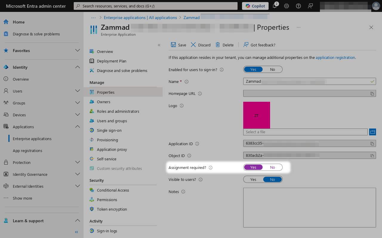 Screenshot che mostra il requisito di assegnazione abilitato