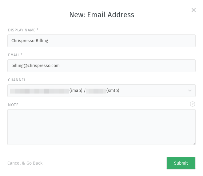 Finestra di dialogo Aggiungi indirizzo email