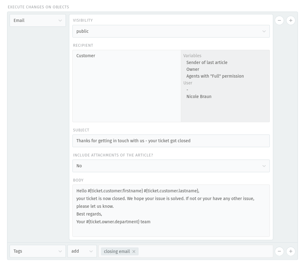 Screenshot della sezione azione nella finestra di dialogo del trigger.