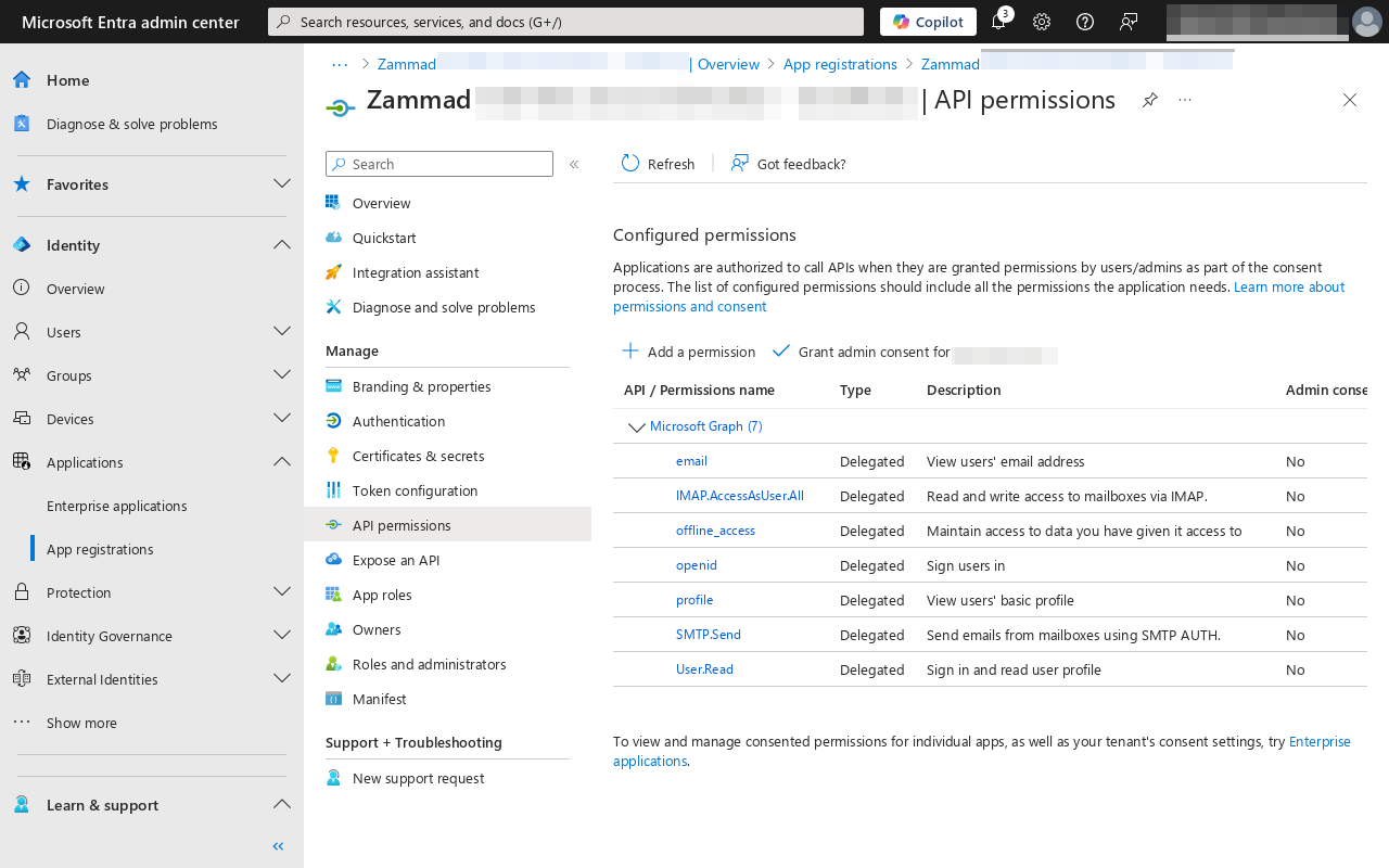 La schermata mostra il Centro di amministrazione Entra con la schermata  delle autorizzazioni API.